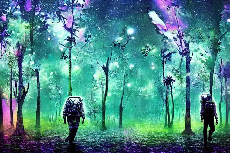 Prompt: digital art of a surreal jungle, astronaut walking, psychedelic sky, mysterious crazy world, raining at night, glowing trees, pulping sky