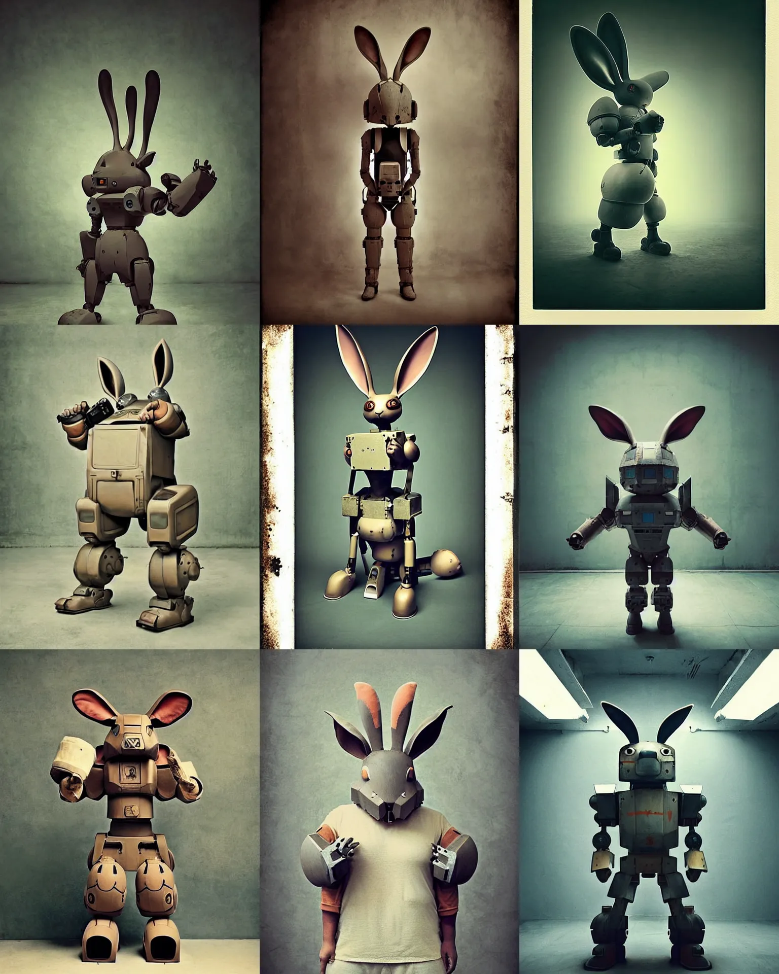 Prompt: epic fighting pose !!!giant oversized battle rabbit robot chubby mech with big ears , in prison!!! , full body , Cinematic focus, Polaroid photo, vintage , neutral dull colors, soft lights, foggy , by oleg oprisco , by victor enrich , by gregory crewdson , by discovery channel , by most wanted