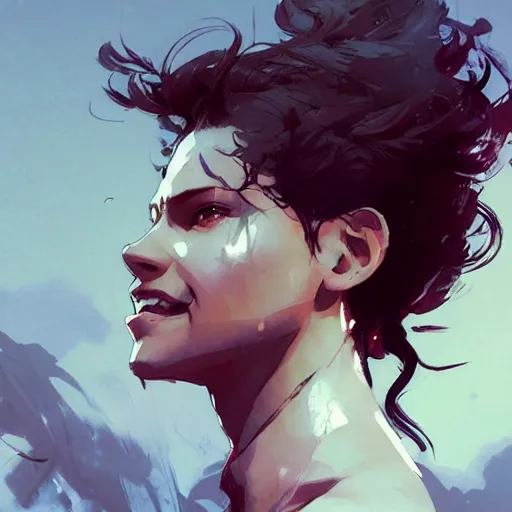 Image similar to a beautiful girl with short curly brown hair in a ponytail, a pointy chin, smiling sweetly, dramatic lighting, illustration by Greg rutkowski, yoji shinkawa, 4k, digital art, concept art, trending on artstation