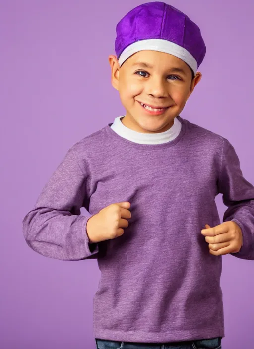 Image similar to portrait photo still of real life young craig tucker wearing a purple hat and purple clothes, 8 k, 8 5 mm, f. 1 4