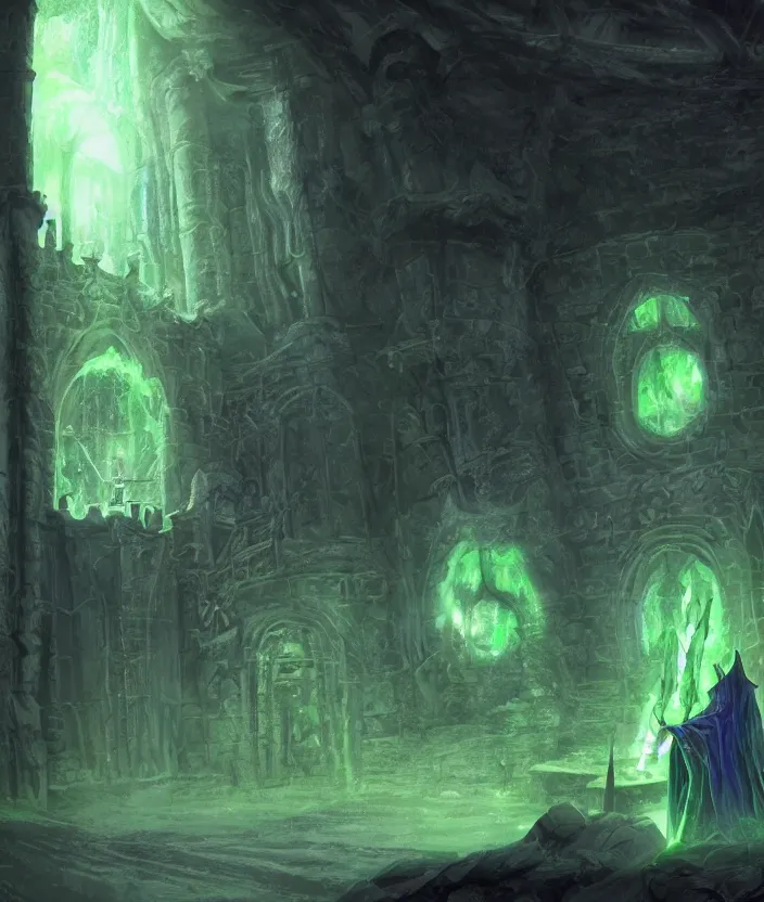 Image similar to a concept art of a wizard in his castle discovering a magic scroll that gives eternal life, atmospheric magic dark scene with green fires in the lights, a big door in the background