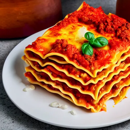 Prompt: a plate of lasagna, food photography, sharp focus, white background, food art, product photography, 4 k, dslr
