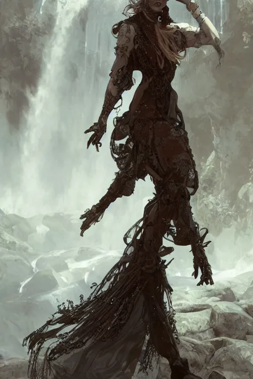 Image similar to a full body portrait of a beautiful post apocalyptic offworld nordic necromancer dancing by the waterfalls, intricate, elegant, highly detailed, digital painting, artstation, concept art, smooth, sharp focus, illustration, art by krenz cushart and artem demura and alphonse mucha