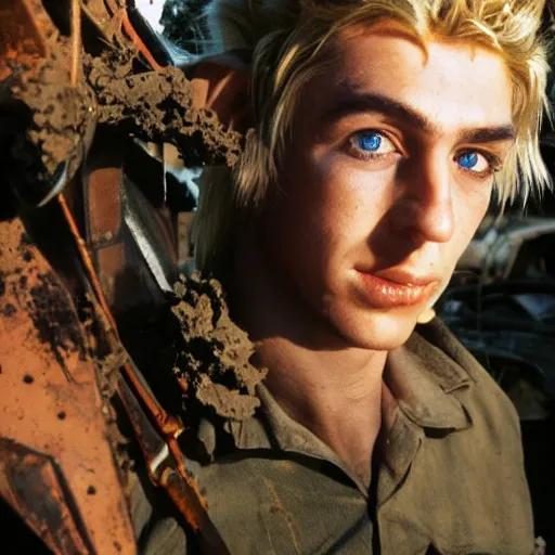 Image similar to close up headshot of a skinny high-fantasy elf with a long face narrow chin and spiky blonde hair wearing dark brown overalls and holding a bomb next to a destroyed car, gel spiked blond hair, small ears, narrow lips, high resolution film still, HDR color