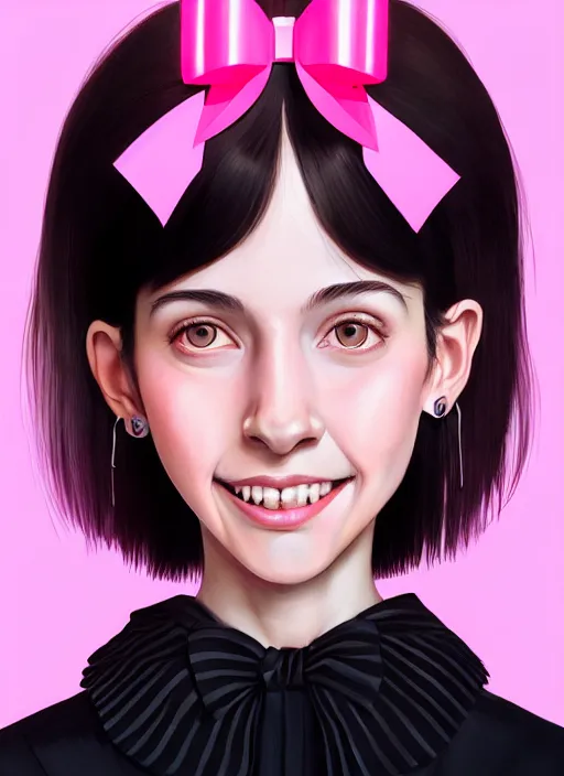 Image similar to portrait of high school girl, realistic, black hair, bangs, half updo hairstyle, pointy nose, skinny, smile, ugly, defined jawline, big chin, pink hair bow, earrings, intricate, elegant, glowing lights, highly detailed, digital painting, artstation, sharp focus, illustration, art by wlop, mars ravelo and greg rutkowski