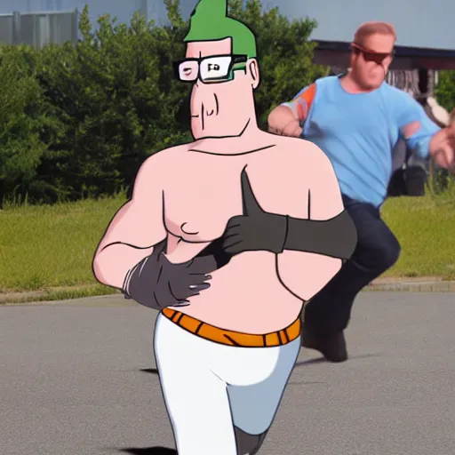 Prompt: hank hill being chased by a furry