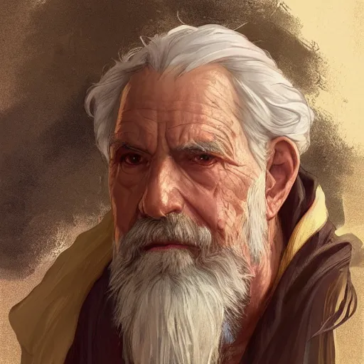 Image similar to Portrait of elderly wizard with white curling beard wearing tattered robes, waist high, intricate, wild, highly detailed, digital painting, artstation, concept art, smooth, sharp focus, illustration, art by artgerm and greg rutkowski and alphonse mucha