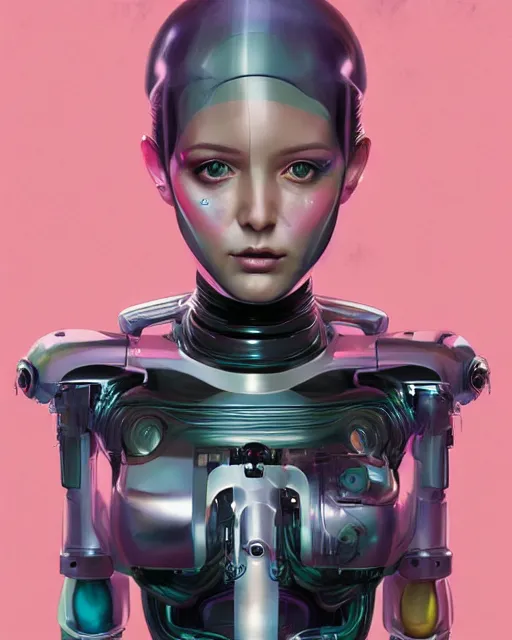 Image similar to a beautiful half body image of a futuristic android with body made of translucent plastic, short hair made of colored cellophane with mechanical internal parts, symmetrical and realistic proportions by Irakli Nadar, tom bagshaw, Charlie Bowater with details by Jason Felix, furio tedeschi, face by ilya kuvshinov, artgerm, cinematic backlit lighting, beauty retouch, elite, photo realistic, octane render, hyper real, ultra detailed, trending on artstation pinterest and deviantart