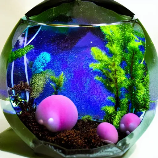 Image similar to alien planet, lush with fluorescent mushrooms encapsulated in a terrarium, high detail, photorealistic