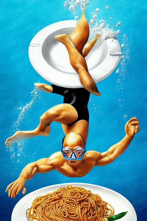 Image similar to olympic diving springoard, a tiny male diver is diving head down into a dish of pasta, detailed realistic sport art, artgerm