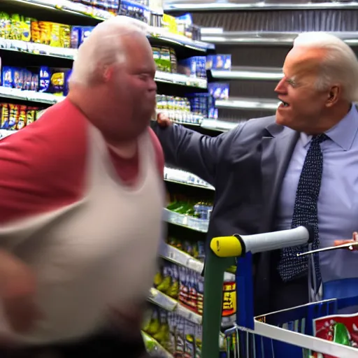 Prompt: Joe Biden punching a fat man at the supermarket, 8K, high quality, highly detailed