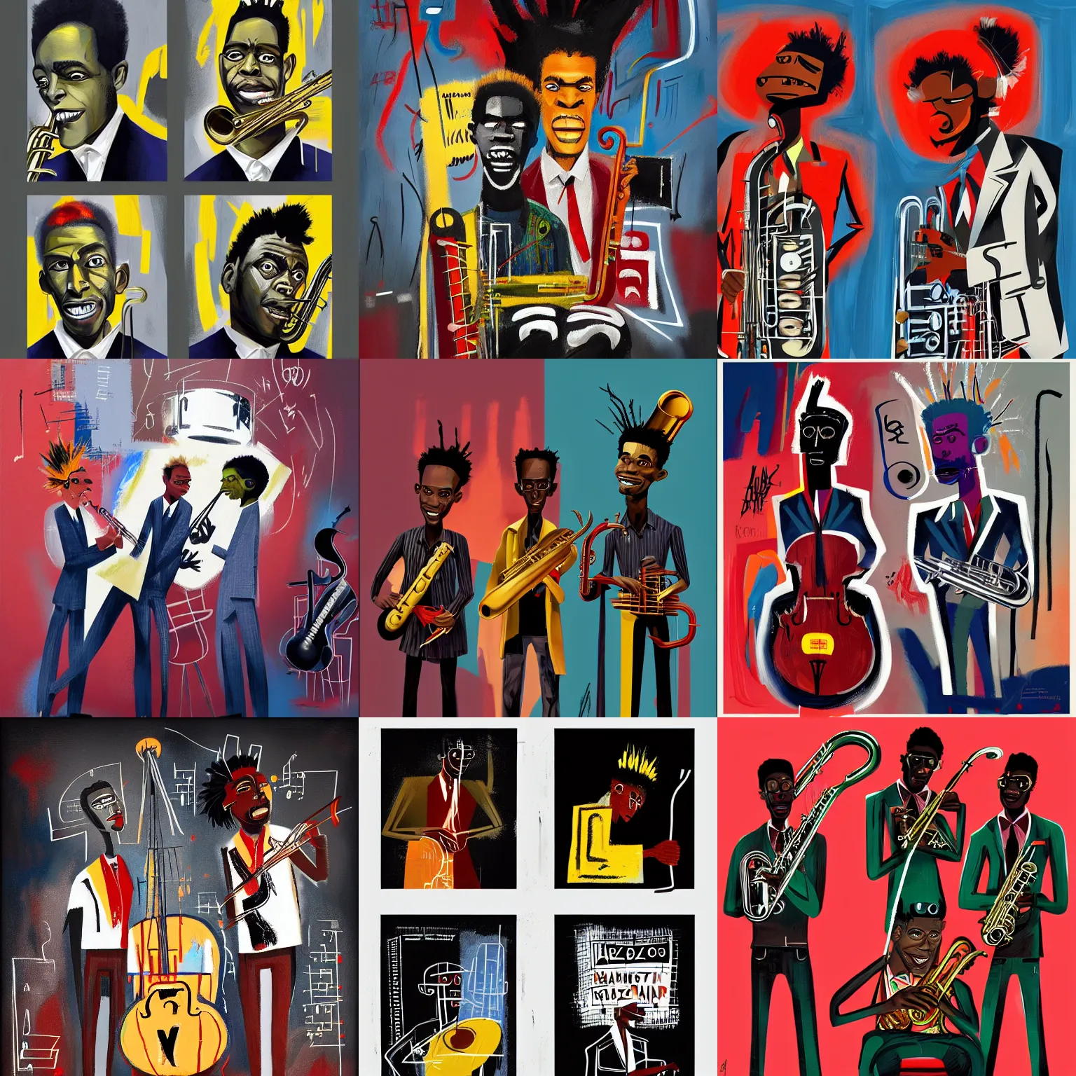 Prompt: jazz players, by aboudia, jean - michel basquiat and genesis tramaine, trending on artstation, cgsociety, deviantart