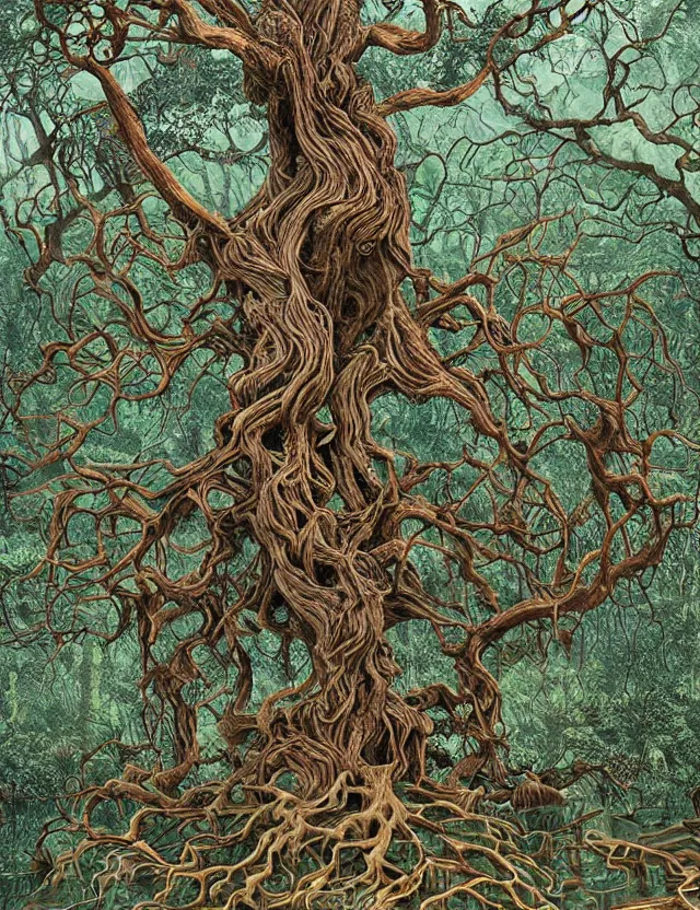 Image similar to an ancient tree with gnarled roots on a hill and rivulets of water running down in a maze by james jean and pascal blanche