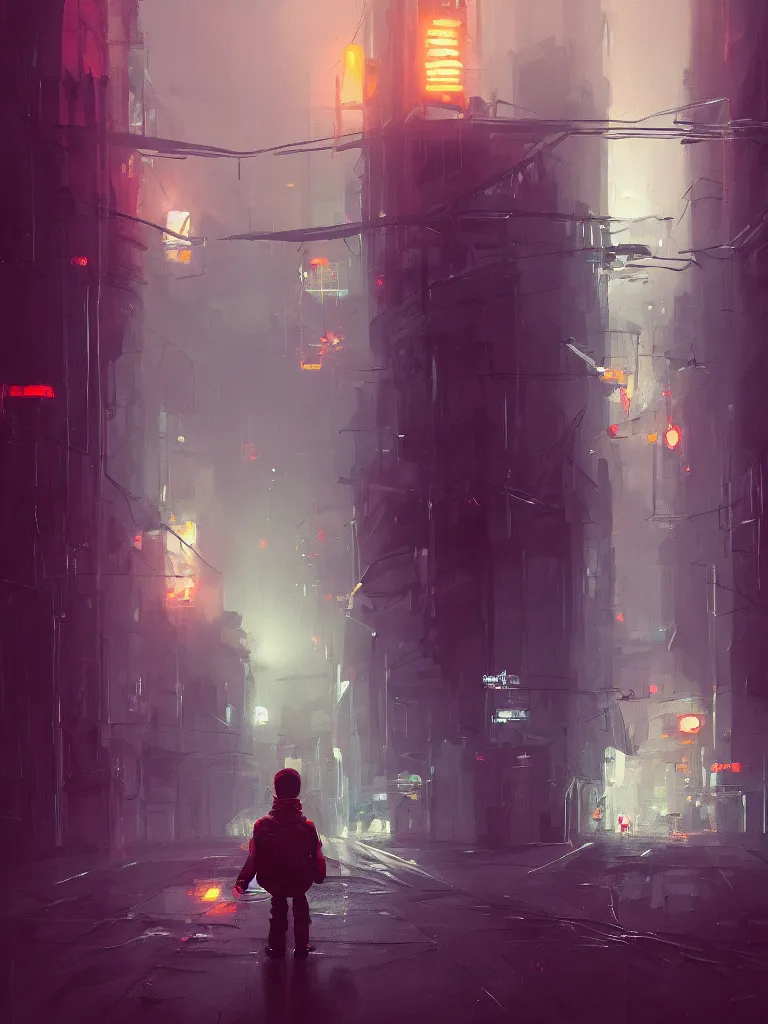 Image similar to one single little boy in a dark street in a big city with neonlights by night a painting from stalenhag, 4 k, 8 k, hdr, artstation, concept art