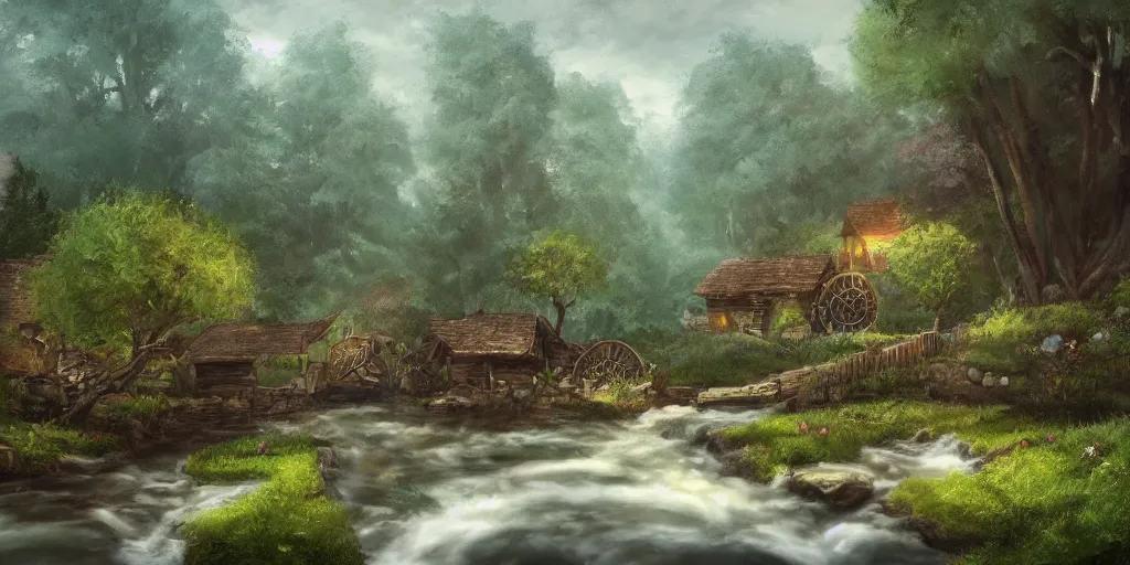 Image similar to a small surreal serene fantasy village on the edge of the woods, small stream, water wheel, by bob ross, lord of the rings, smooth, detailed terrain, oil painting, matte painting, concept art, trending on artstation