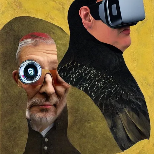 Prompt: a bird! and a naive latin philosopher woman using virtual reality glasses, oil on canvas and collage by dave mckean and ivan shishkin