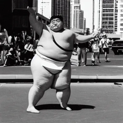 Image similar to 1 9 8 0 s sumo wrestler street performer