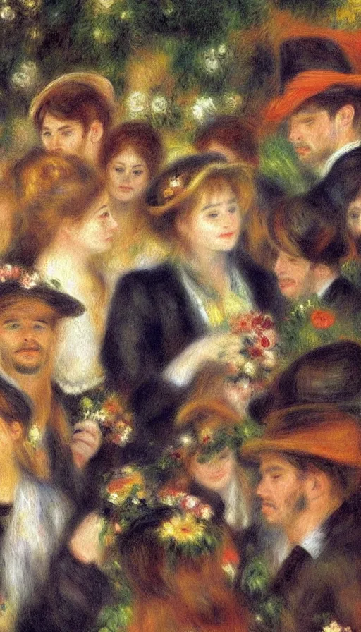 Image similar to a oil painting a group of people stand around a coffin in flowers, by renoir