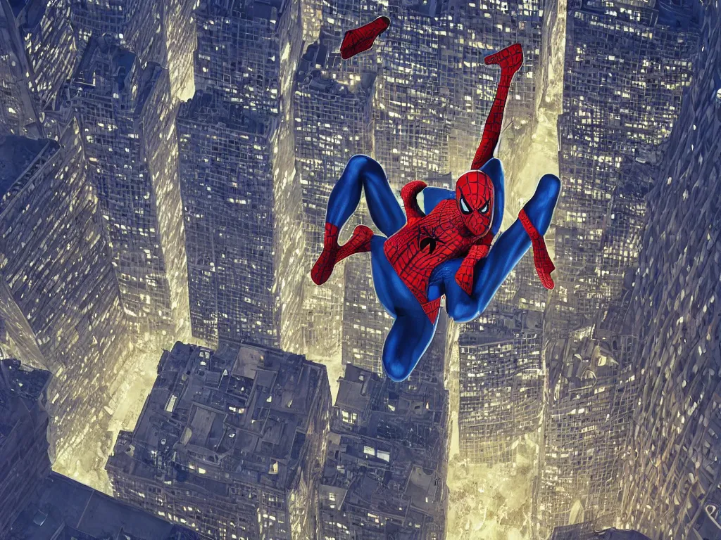 Image similar to spiderman standing on the top of a building at night by andreas roch