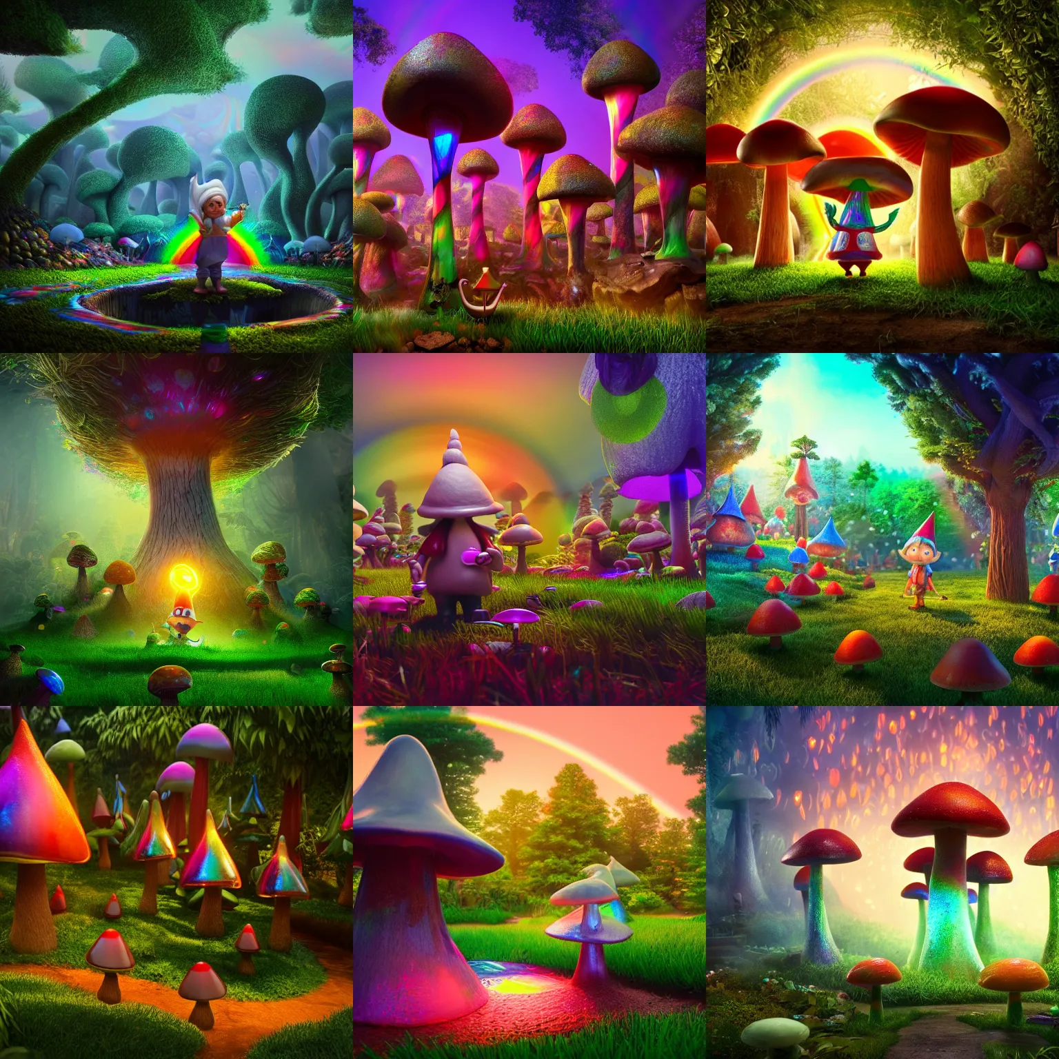 Prompt: jeffrey is drinking a tall glass of this googoolopo googsoss, the wizardly gnome smiled among iridescent glowing rainbows. the magical ethereal mushroom grove village. sacred cinematic 8 k octane render bloom lighting