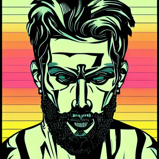 Prompt: a portrait of tattooed the beautiful greek god, in retro colors, synthwave style, 2 d digital vector art