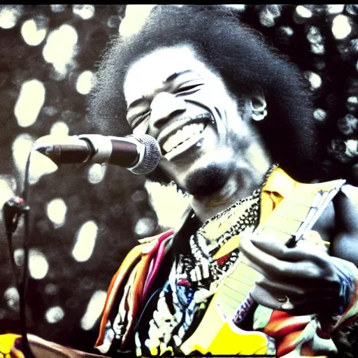 Image similar to HD digital photograph of Jimi Hendrix at Woodstock, ultra realistic, fun, caricature, powerful, iconic, love peace and unity, hippy, flower power