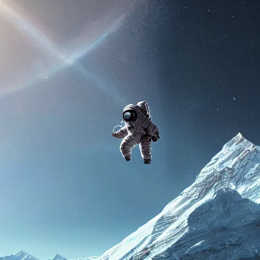 Prompt: a matte painting of an astronaut falling from Mt. Everest into a lake of stars, 4K, artstation trending