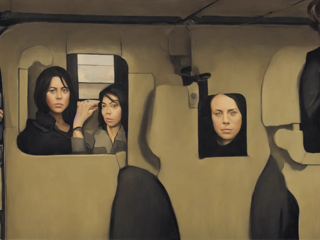 Image similar to an oil painting by Grant Wood, a low angle medium shot of two people sitting in an empty Chicago subway train, in front of windows: a sad Aubrey Plaza wearing a parka and a friendly Mads Mikkelsen in a suit