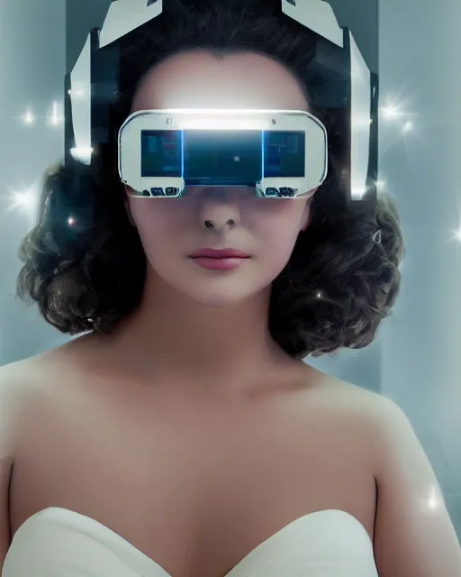 Image similar to centered portrait of soulful young elizabeth taylor as a solarpunk mecha humanoid robotic parts wearing crystal goggles with bright led lights, real human face, pudica gesture bouguereau style, in white room, ultra - realistic and intricate, soft portrait shot 8 k