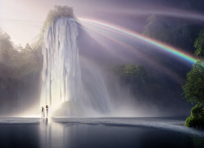 Prompt: huge towering magical waterfall, white pearlescent, chrome, iridescent metals, liquid gold, biomechanical garment, cinematic, crystalline masterpiece diamond incrustations, hyperdetailed metalwork, in volumetric soft glowing mist by erik johansson full frame mirrorless sensor, movie still, octane render, pixar, crepuscular rays,