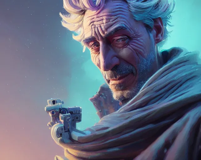 Prompt: fantasy portrait of rick sanchez, intricate abstract. intricate artwork, by greg rutkowski, wlop, beeple, dan mumford. concept art, octane render, trending on artstation, greg rutkowski very coherent symmetrical artwork. cinematic, key art, hyper realism, high detail, octane render, 8 k, iridescent accents