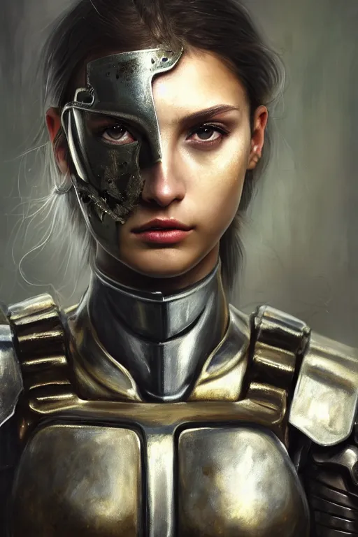 Image similar to a photorealistic painting of an attractive young girl, partially clothed in metal-plated battle armor, scratched and dirty, olive skin, long dark hair, beautiful bone structure, symmetrical face, perfect eyes, intricate, elegant, digital painting, concept art, illustration, sharp focus, minimal artifacts, volumetric lighting, from Metal Gear, in the style of Ruan Jia and Mandy Jurgens and Greg Rutkowski, trending on Artstation, award winning