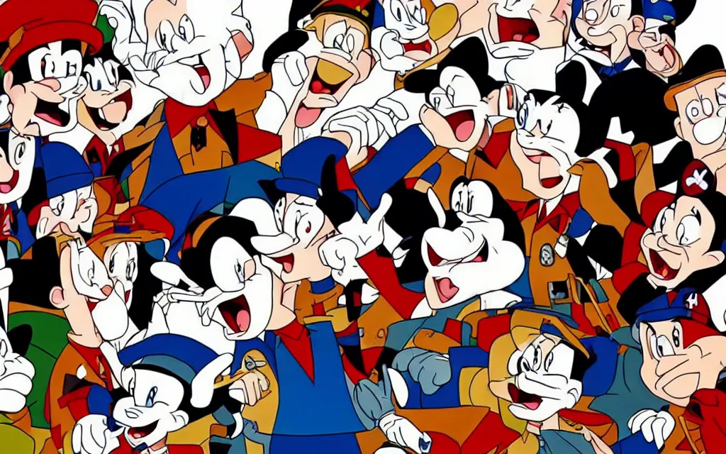 Image similar to episode of animaniacs where yakko wakko and dot Warner torment adolf hitler, cartoon animaniacs in world war 2 era Germany where they bounce on Hitler's head, Hitler is crying, streaming on hulu, high quality upload, Steven spielberg Warner bros animation