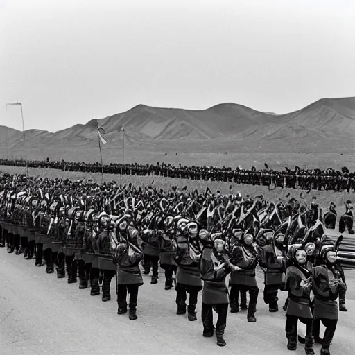 Prompt: Alternate history, Mongol Empire, Ulaanbaatar 1987, Mongol Empire military parade, photograph, 1980s