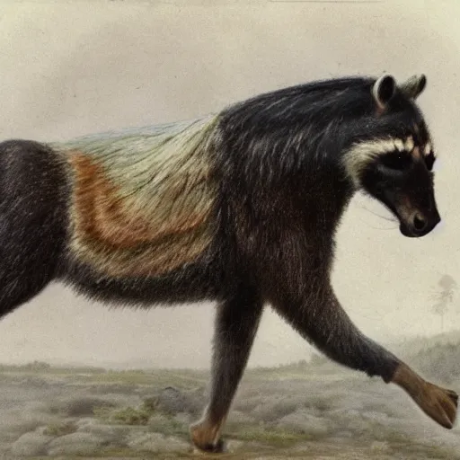 Image similar to a raccoon riding a horse, photorealist