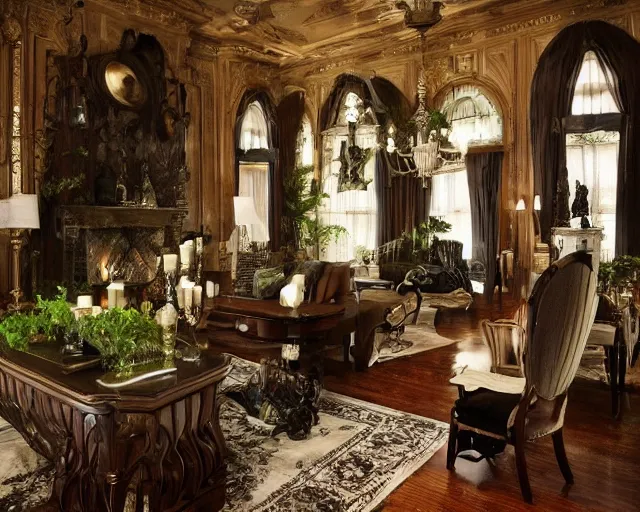 Prompt: Deep dark forest themed interior design in a fancy mansion