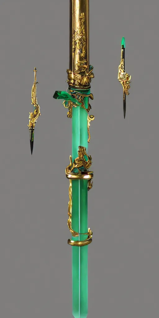 Image similar to photograph of a wide green and teal crystal double - edged sword blade attached to a big gold sword hilt