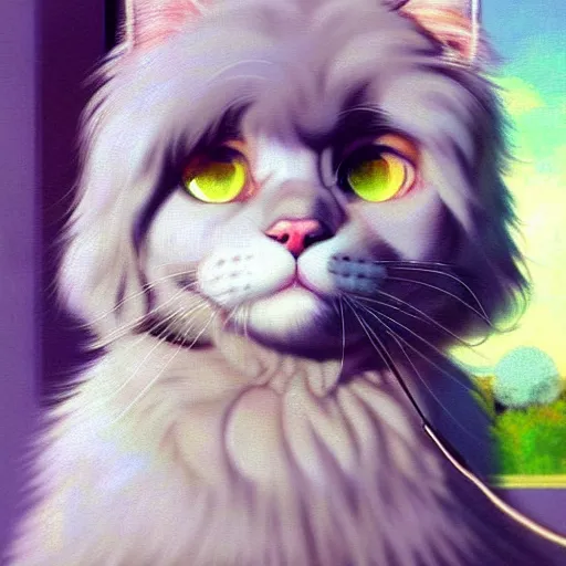 Image similar to a cute goldendoodle with tilted head and a fluffy grey cat, focus close on eyes, eighties holographic art by ilya kuvshinov monet range murata artgerm katsuhiro otomo norman rockwell, highly detailed intricately sharp focus, trending on pinterest vogue italia unreal engine