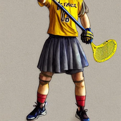 Image similar to anime style, lacrosse player by albrecht durer, playfield background, standing pose, yellow mask, realistic rackets, symmetrical features, from arknights, hyper realistic, rule of thirds, extreme detail, 4 k drawing, trending on pixiv, realistic lighting, draw by alphonse mucha, greg rutkowski, sharp focus, realistic anatomy