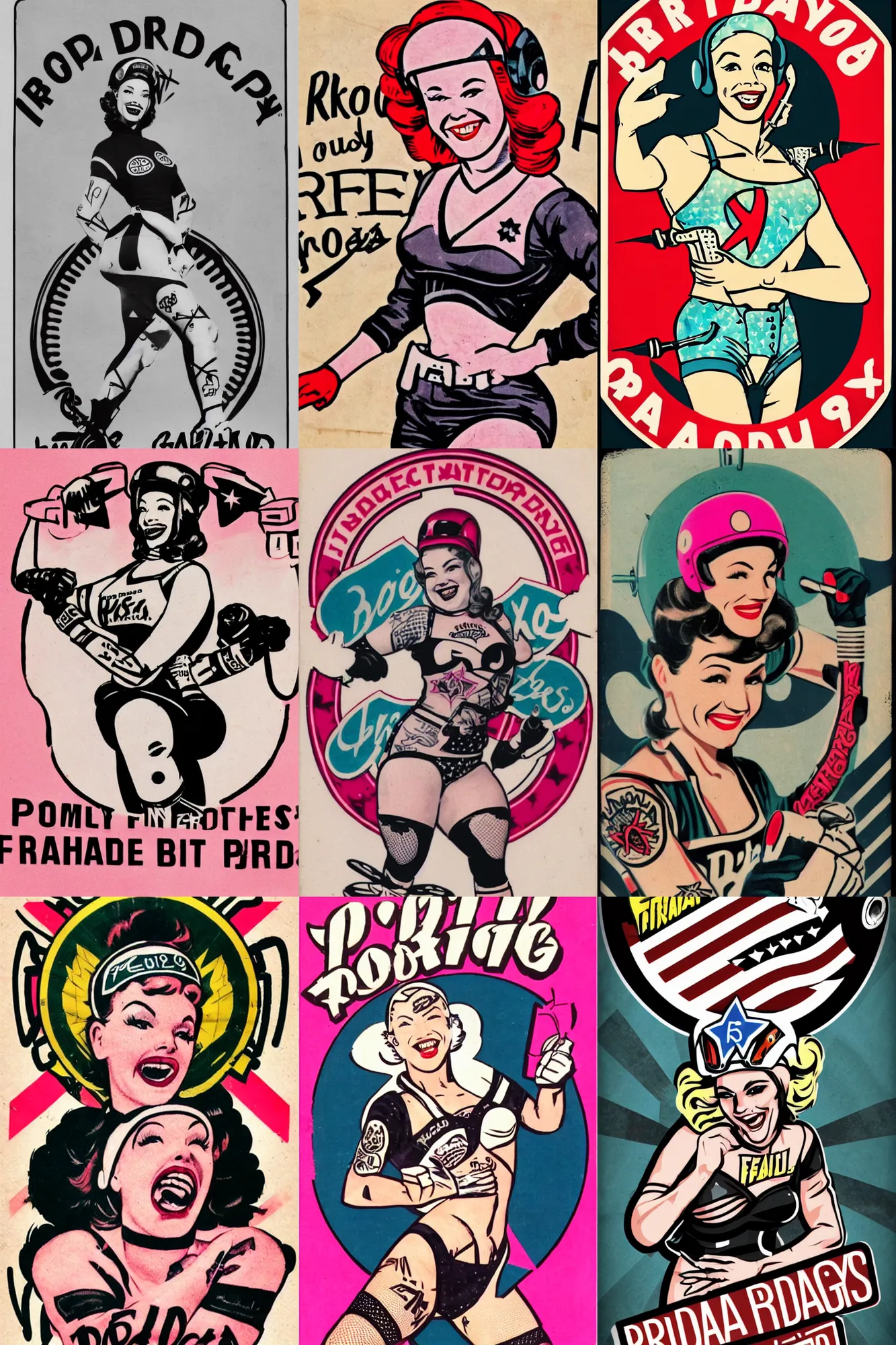 Prompt: propaganda logo, pretty roller derby girl, wearing roller derby helmet, tattoos, wearing fishnets, smile 1950s