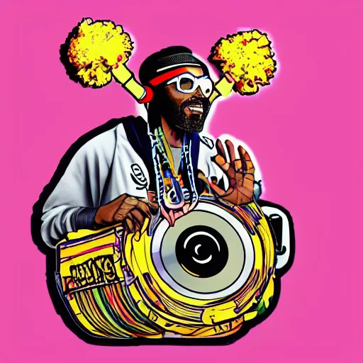 Image similar to svg sticker of a Dancing-Ben-Harper-Snoop-Spike-Lee-with-a-large-Afro-Puff, at a rave, spinning records, giant headphones rocking out, wearing headphones, huge speakers, dancing, rave, DJ, spinning records, digital art, amazing composition, rule-of-thirds, award-winning, trending on artstation, featured on deviantart