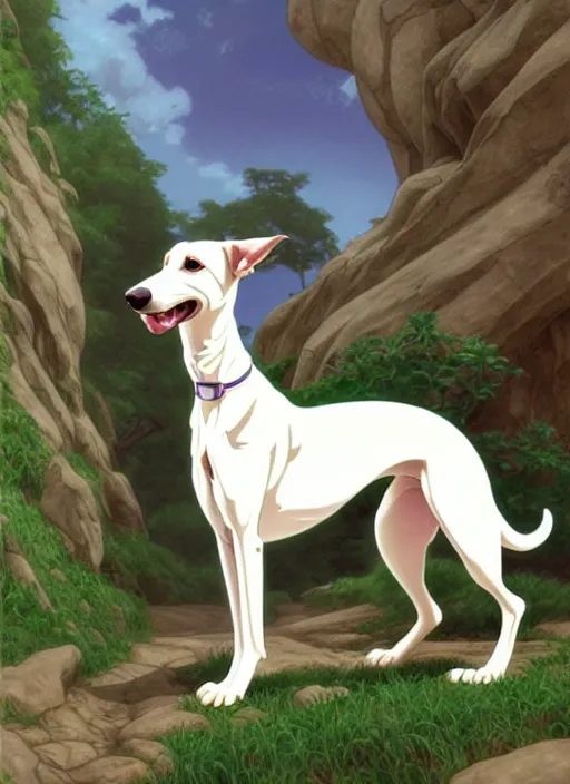 Image similar to cute white brown greyhound, green toy bone on floor, natural lighting, path traced, highly detailed, high quality, digital painting, by don bluth and ross tran and studio ghibli and alphonse mucha, artgerm