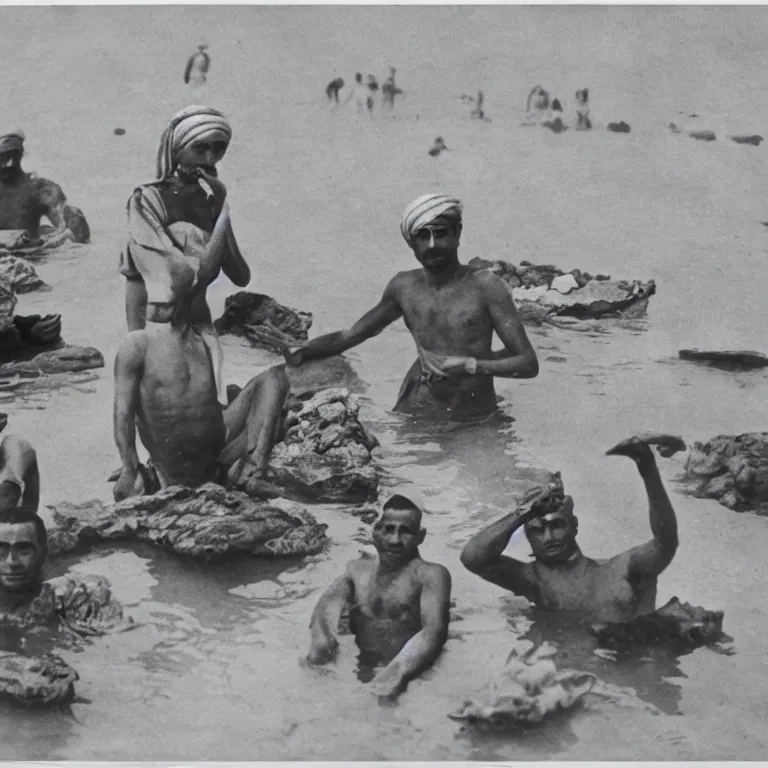 Image similar to pearl divers in the Arab Emirates in the early 20th century photo, kodak, 35mm,