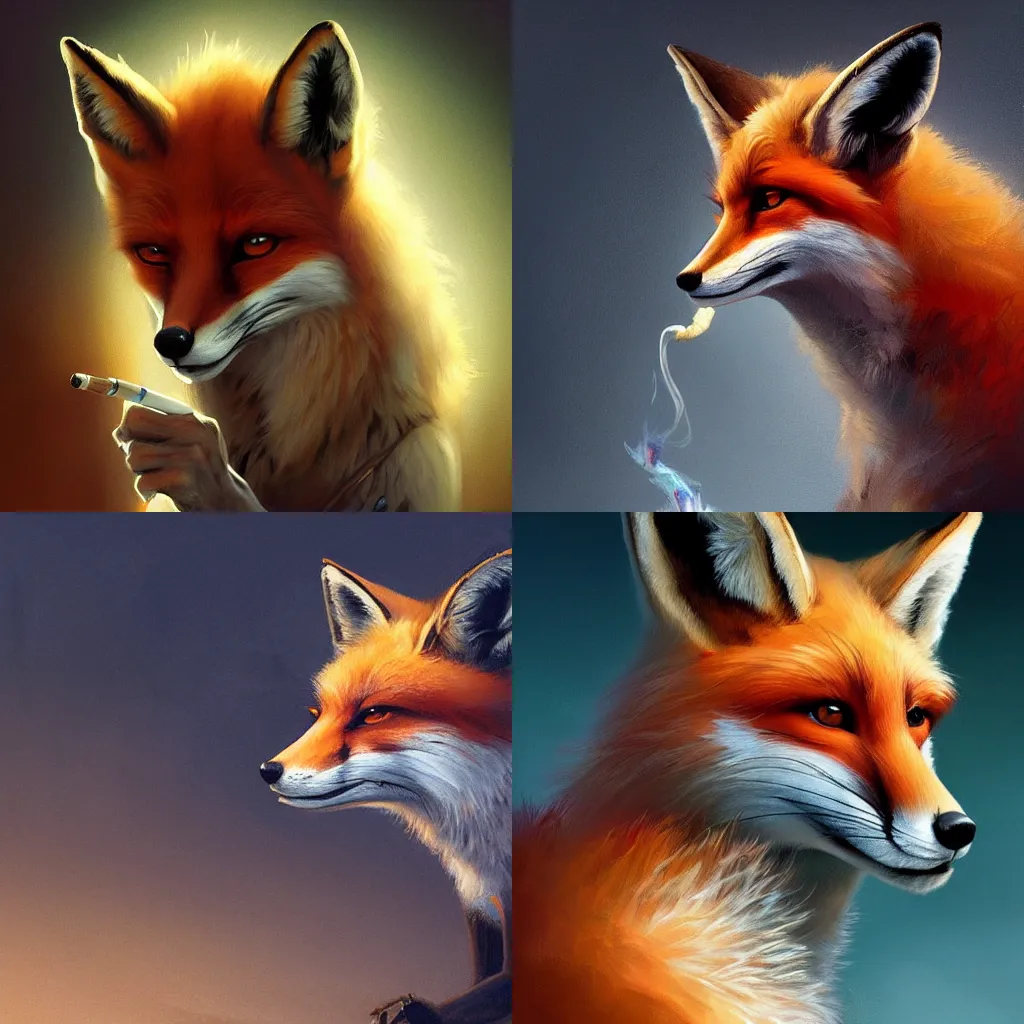 Prompt: A digital painting of a Fox with a cigarette , by Stanley Artgerm Lau, frank frazetta, Rossdraws, James Jean, gerald brom, Andrei Riabovitchev, Marc Simonetti, and Sakimichan, trending on artstation, SFW version
