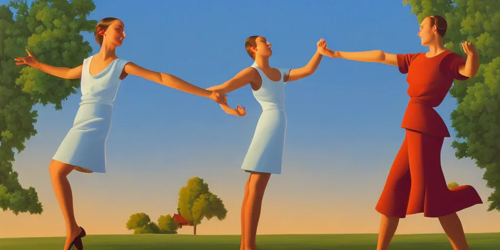 Image similar to sister dancing, blue sky, summer evening, kenton nelson