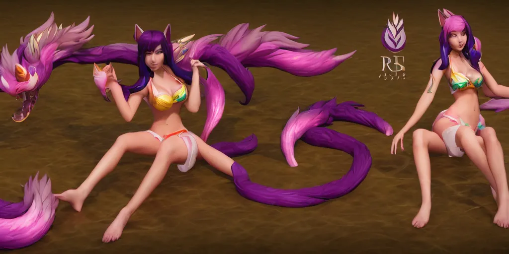 Image similar to beautiful character sheet render of pool party Ahri (wild rift). 3d, octane render, realistic, highly detailed, trending on artstation