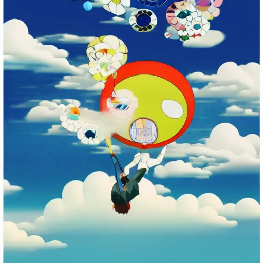Prompt: a man walking on clouds above kyoto by takashi murakami, beeple and james jean, aya takano color style, 4 k, super detailed, modern, 4 k