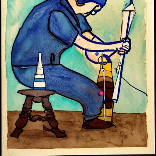 Prompt: doctor performing surgery on a rocket, blue watercolor painting