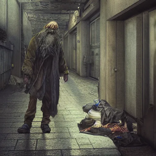 Image similar to homeless man hobo with long beard in asylum, hyper detailed, digital art, trending in artstation, cinematic lighting, studio quality, smooth render, unreal engine 5 rendered, octane rendered, art style by klimt and nixeu and ian sprigger and wlop and krenz cushart.