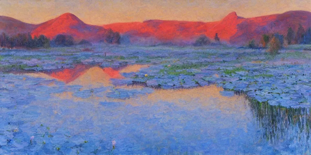 Image similar to impressionism painting of a pond of water lily on a foggy morning, red barn in distance, sun low on horizon through snow capped mountains, soft light